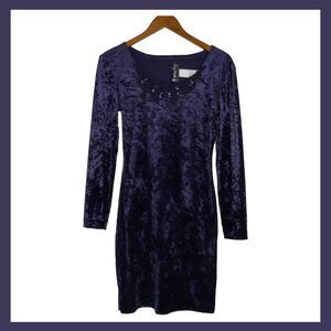 Vintage All That Jazz Purple Crushed Velvet Bodycon Dress Beaded Sequin Neckline